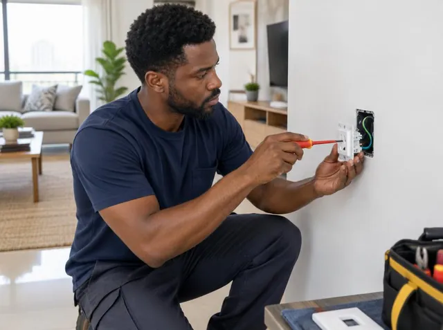 Eletricista instalando uma tomada em residência