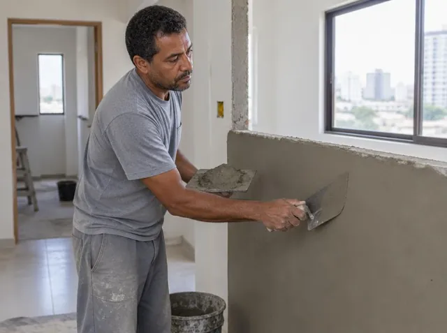 Pedreiro realizando acabamento em reforma residencial